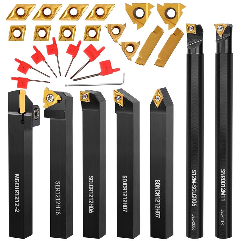 IWONGO Lathe Turning Tool Kit, 7pcs 1/2'' Indexable Metal Lathe Tool Holders with 14pcs Carbide Inserts, for Turning, Boring, Grooving, Cutting & Threading, for Professionals & DIY Enthusiasts - Image 1